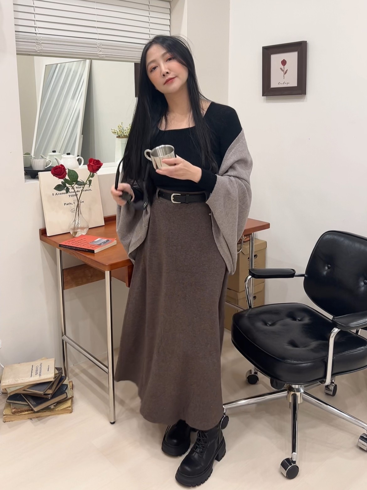 方領肌理感修身針織上衣