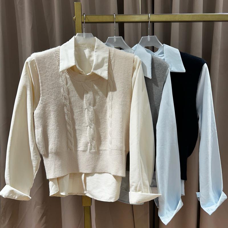 韓國弘大歐膩必帶兩件式(麻花背心+襯衫)