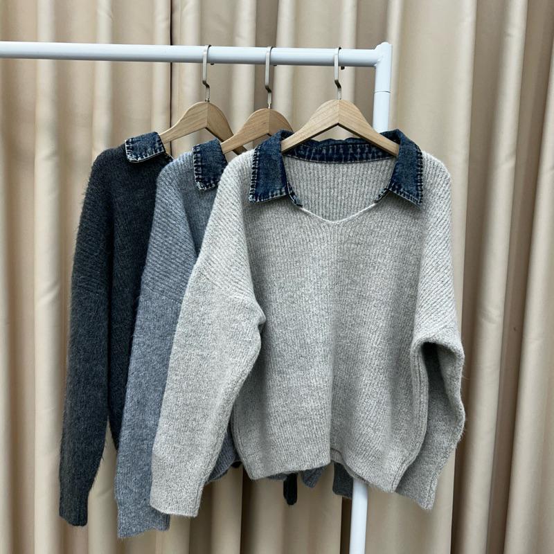 拼接設計牛仔領設計毛衣