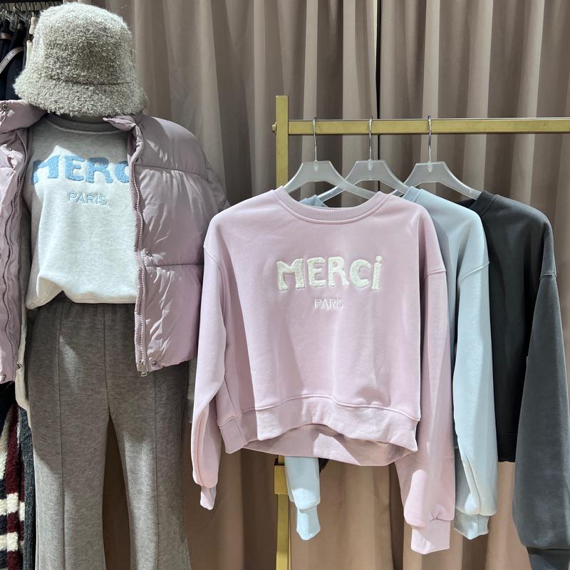 MERCI刺繡厚磅寶寶絨大學T
