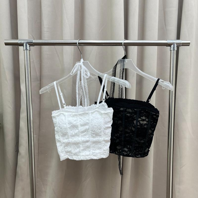 法式刺繡蕾絲背心(附綁帶)(不可拆)