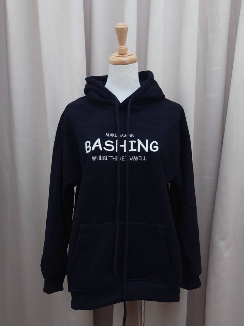 慵懶休閑加絨英文刺繡連帽上衣