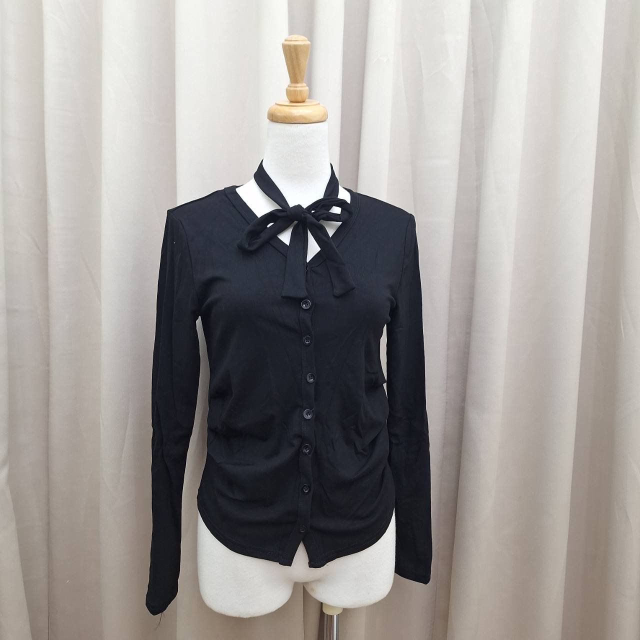 韓國法式側抓皺排釦上衣(附綁帶)