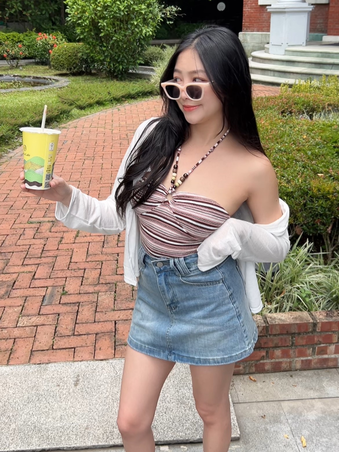 條紋設計感串珠掛脖背心(不可拆)