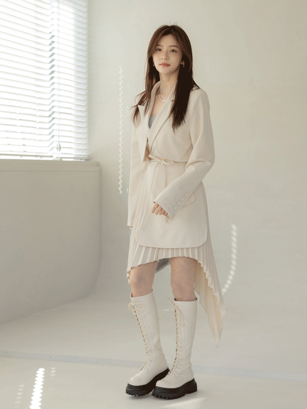 韓國設計款前綁帶短版套裝(外套+百褶裙)