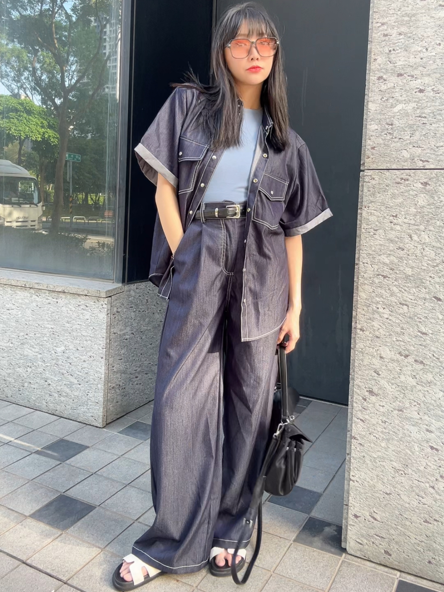 韓系牛仔長褲套裝(附皮帶)