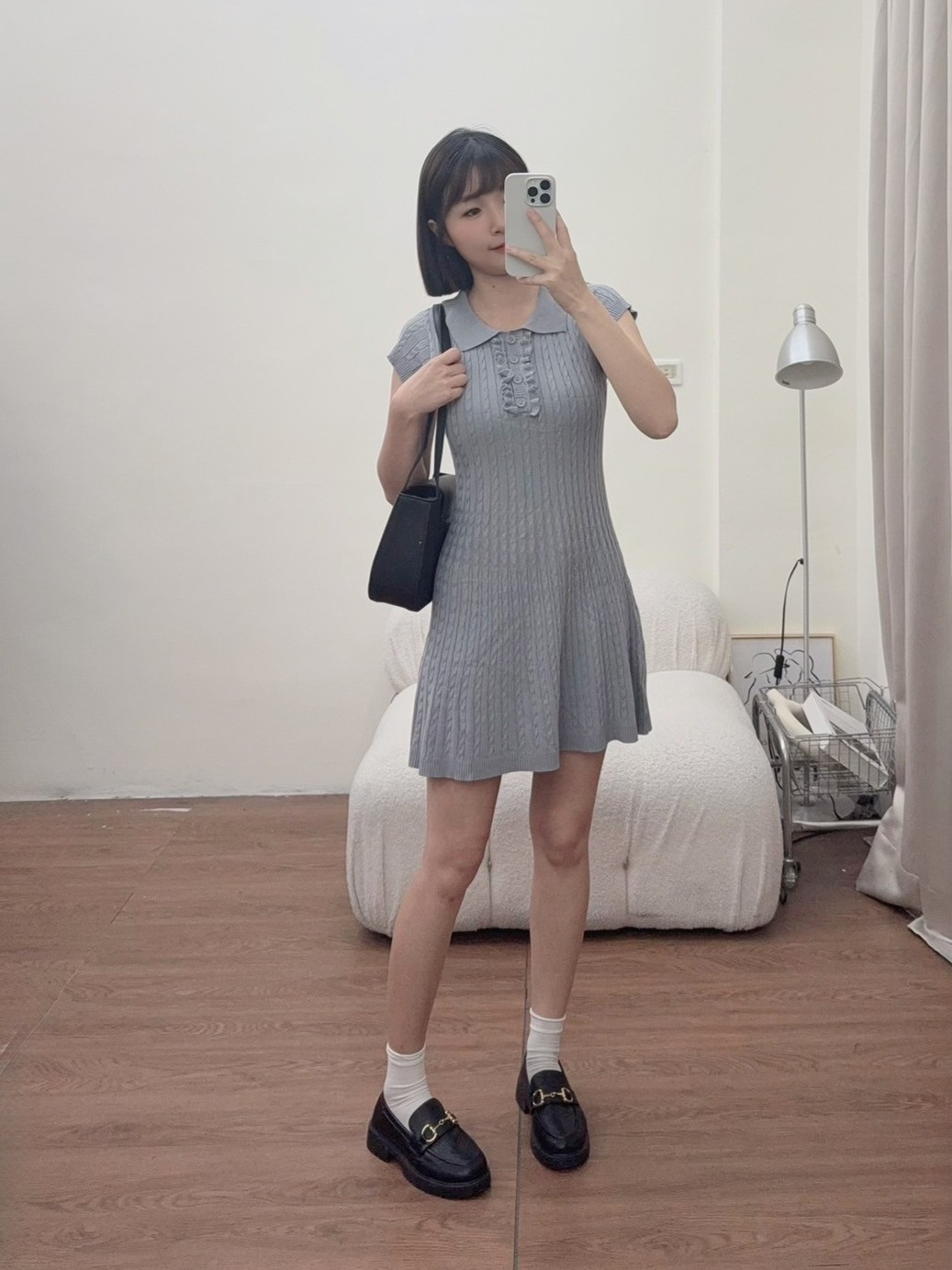 翻領針織花邊洋裝