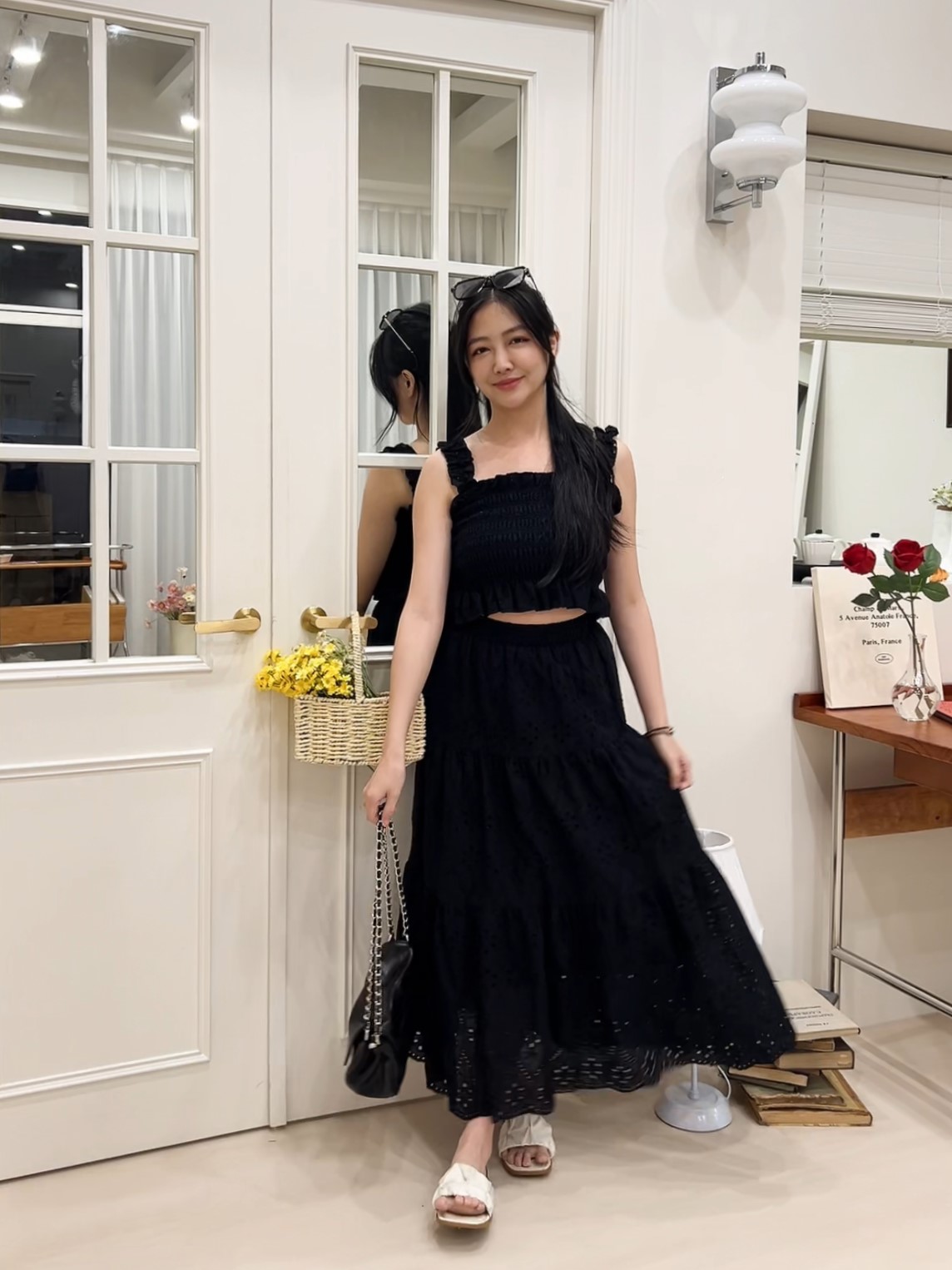 寬肩帶荷葉邊刺繡長裙套裝(首周優惠$499)