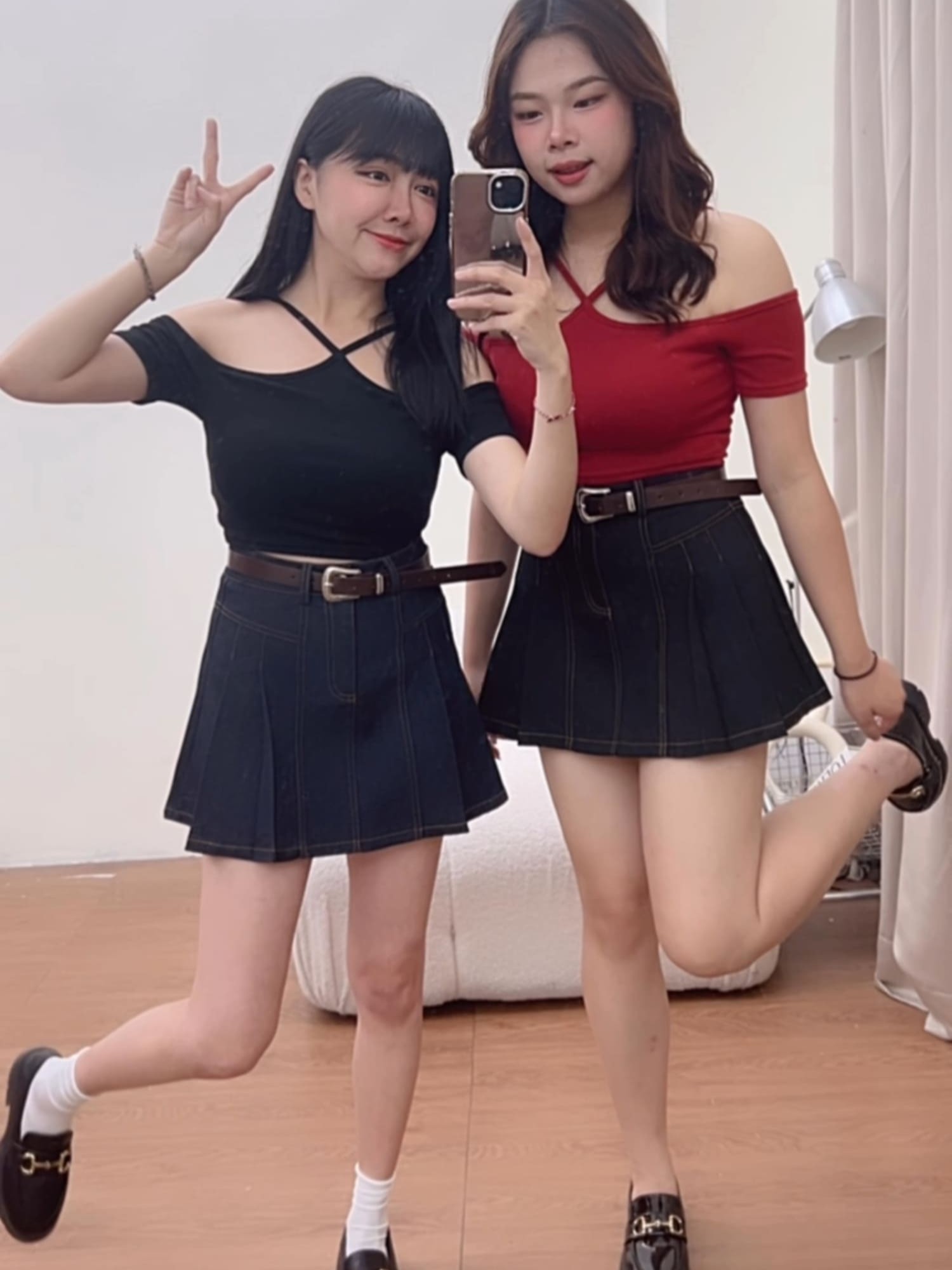 復古車線牛仔百褶裙(附皮帶)