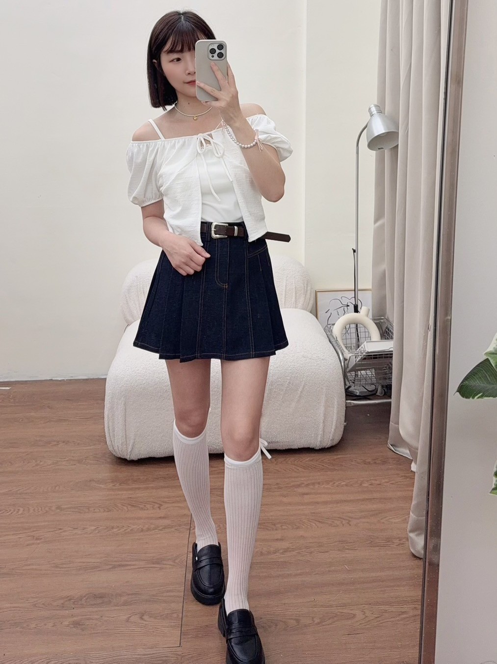 復古車線牛仔百褶裙(附皮帶)