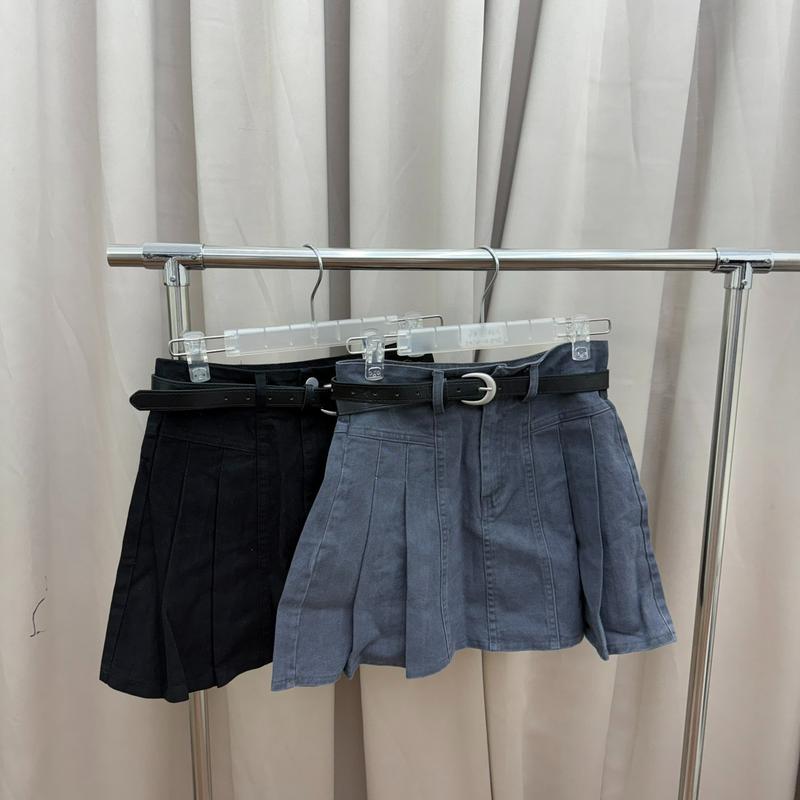 水洗斜紋百褶裙(附皮帶)