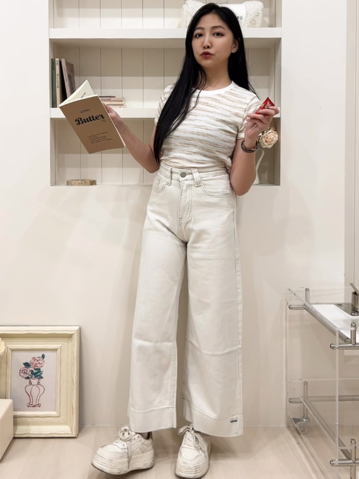 小隻女的復古刷色牛仔寬褲