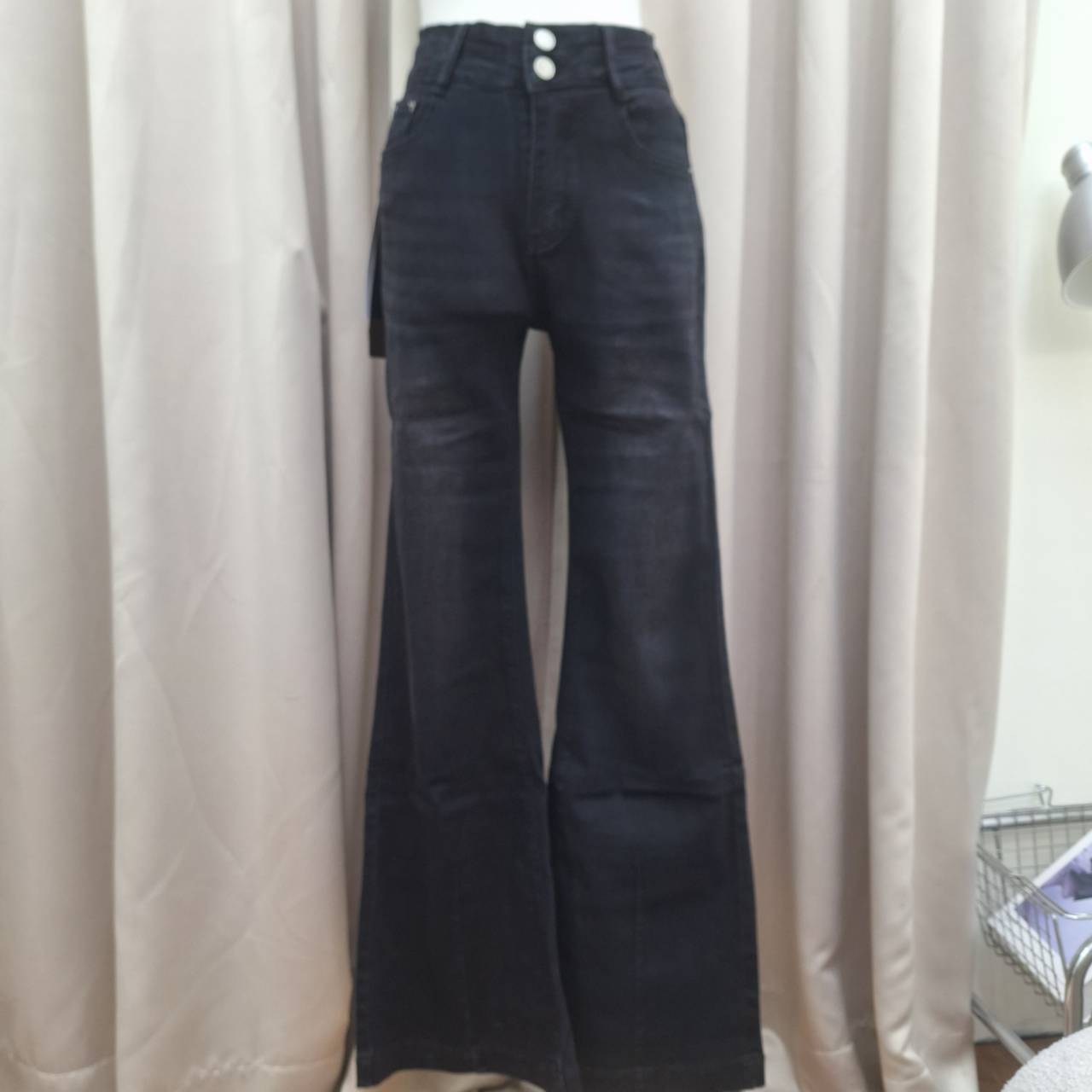 復古高雙釦腰前車線喇叭牛仔褲