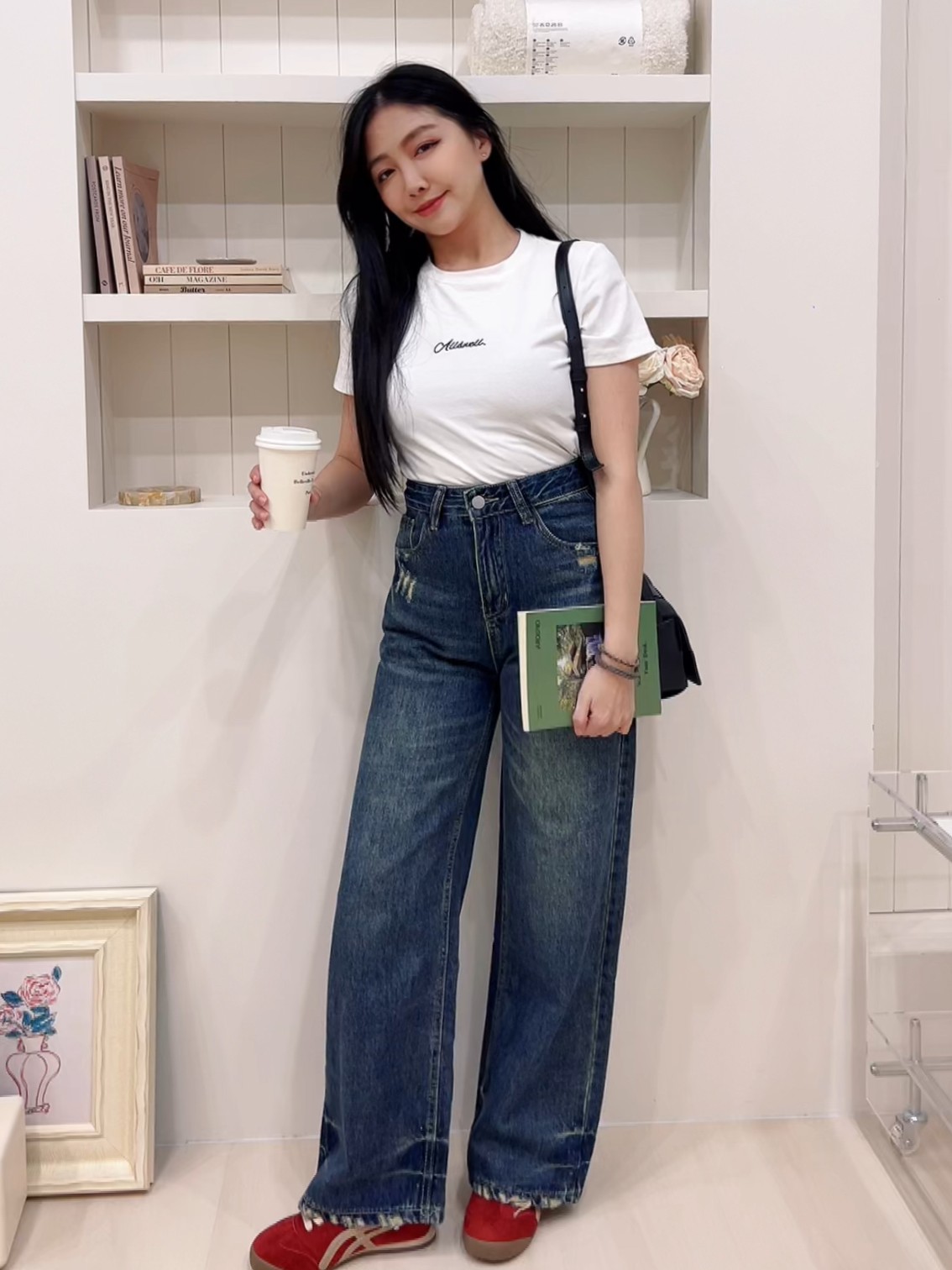 韓系復古刷破寬版牛仔褲(首周優惠)
