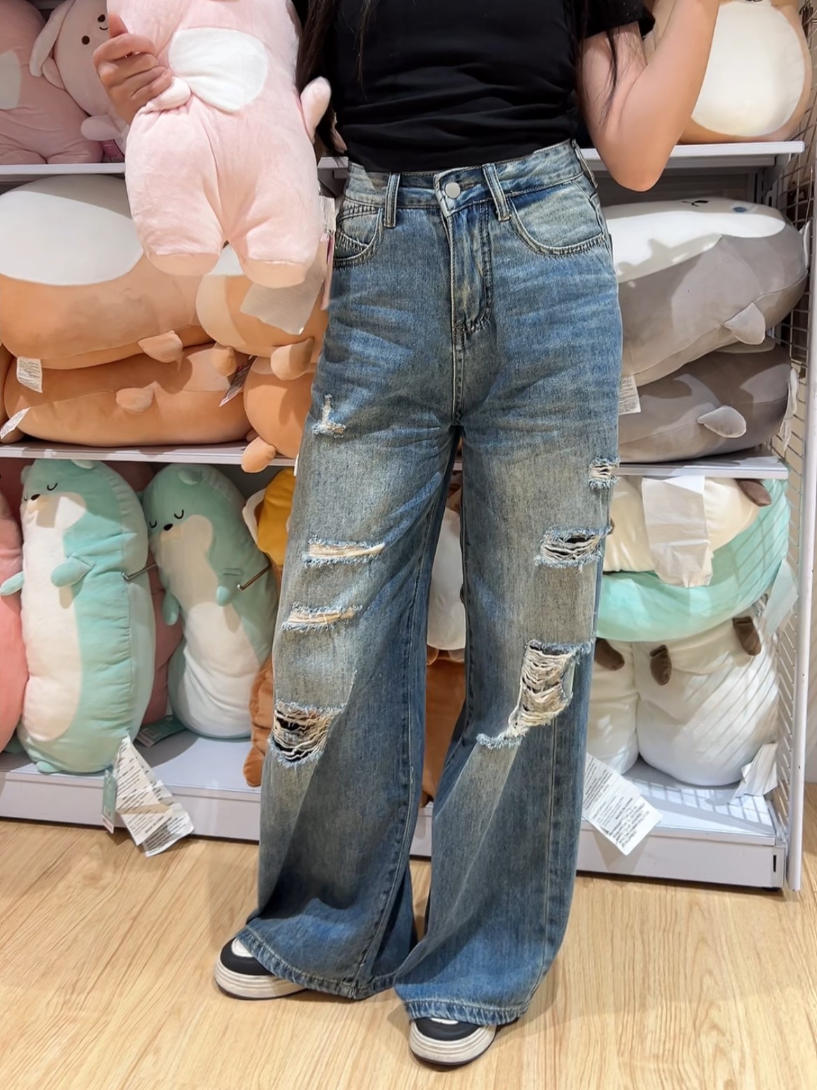 街頭休閒破洞闊腿牛仔寬褲