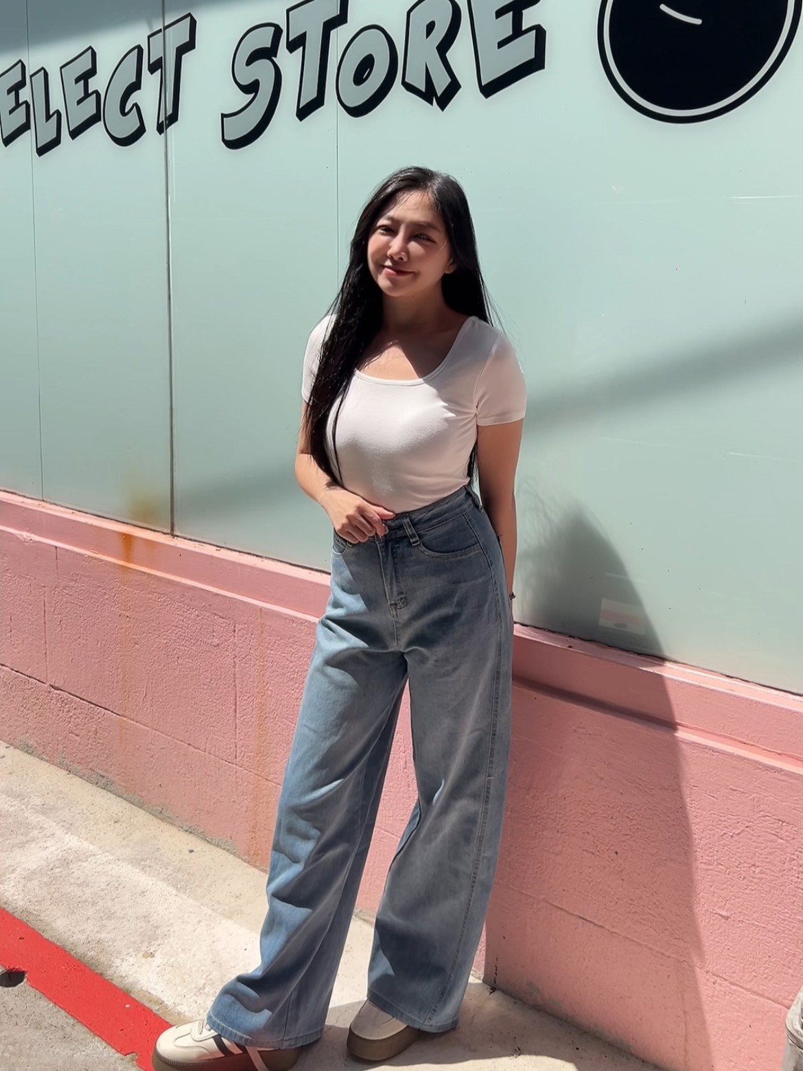 韓式寬鬆闊腿軟牛仔彎刀褲