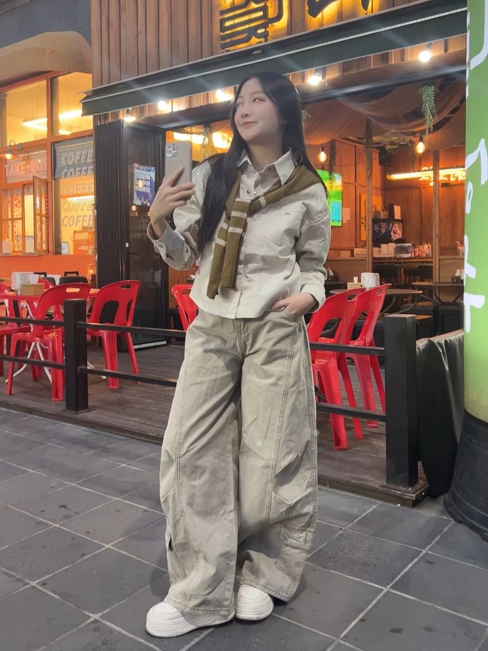 韓國復古美式車線寬鬆工裝牛仔褲(附皮帶)