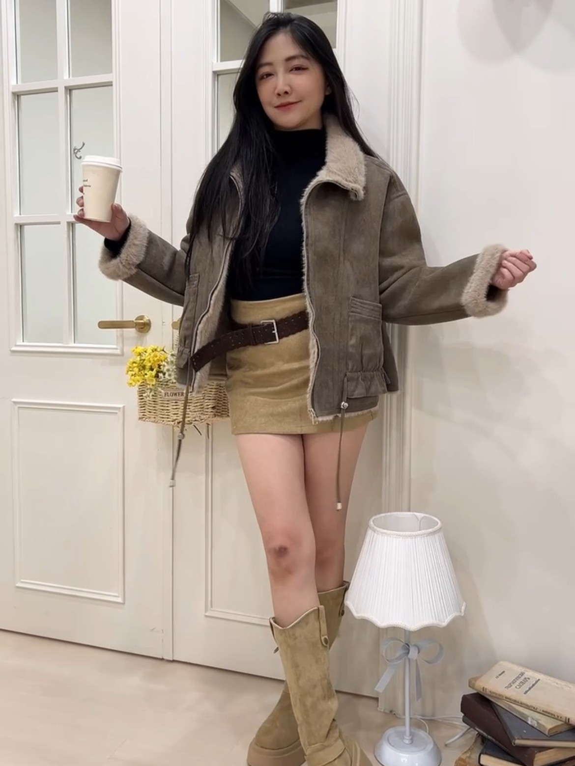韓版時尚百搭麂皮短裙(附皮帶)