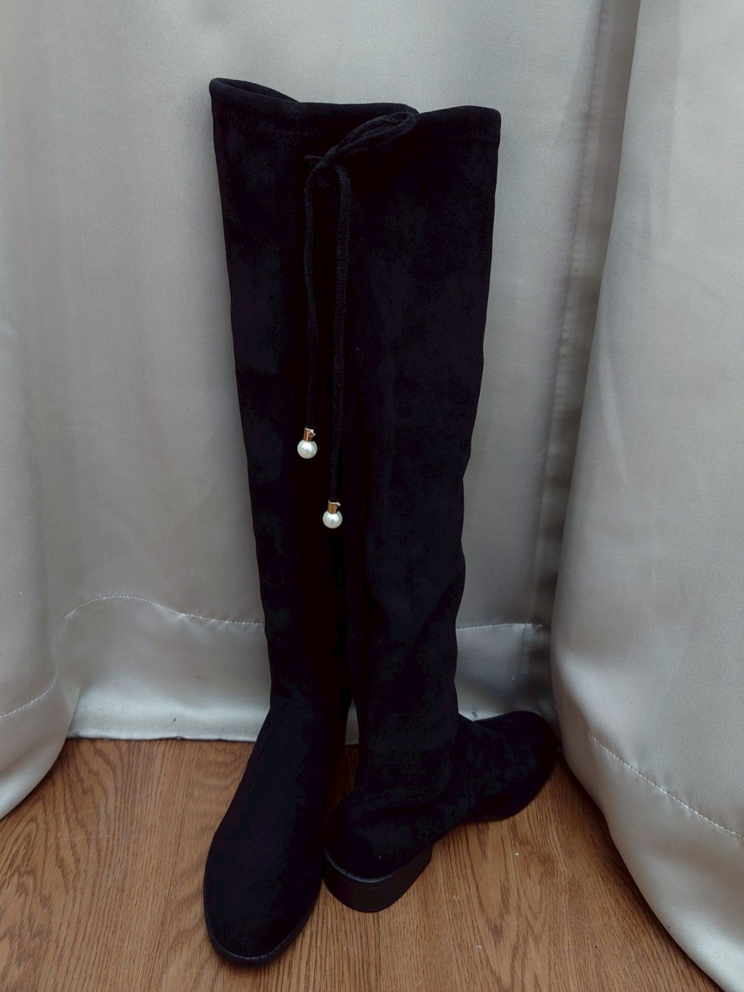 秋冬珍珠綁帶膝上靴