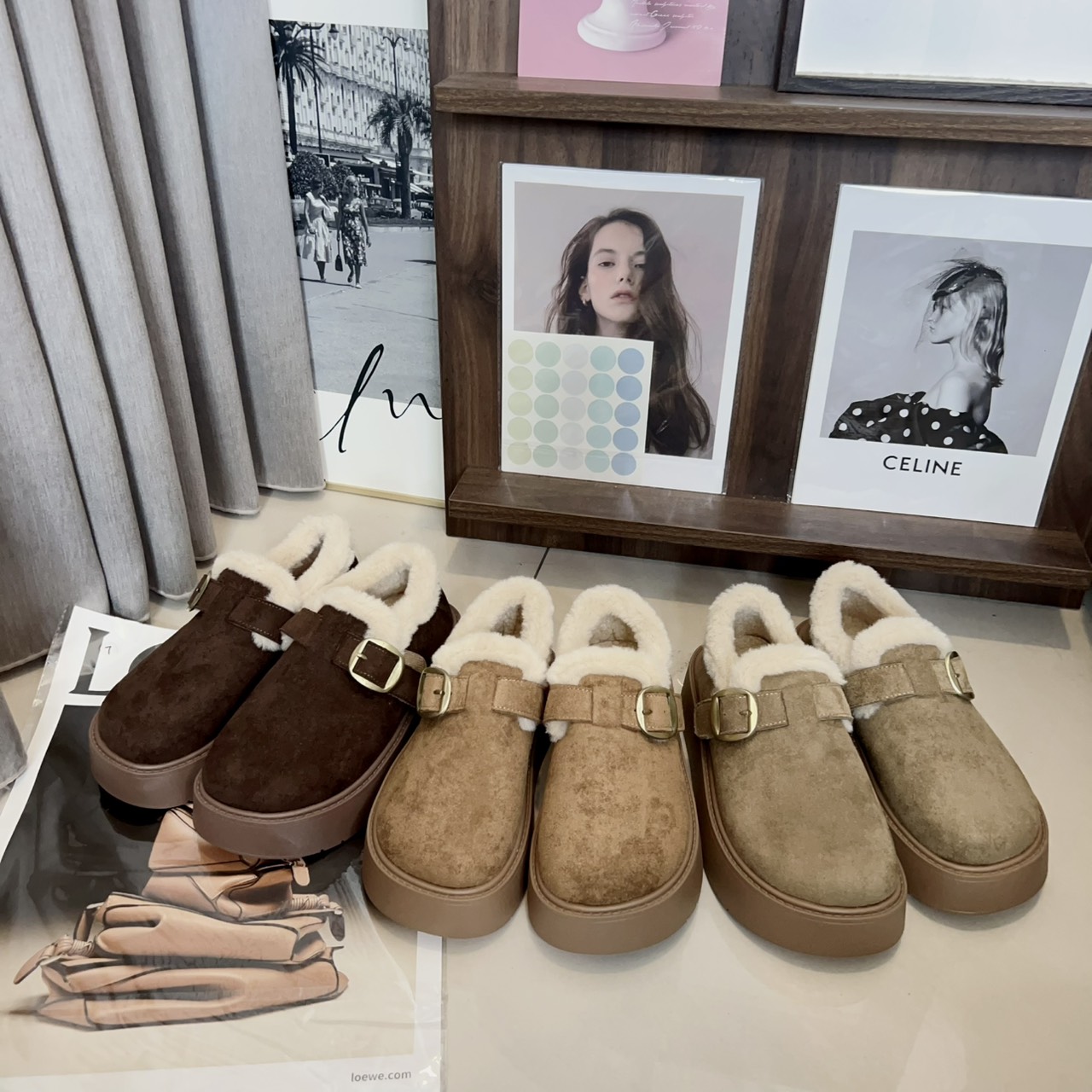 羊羔絨扣環穆勒鞋