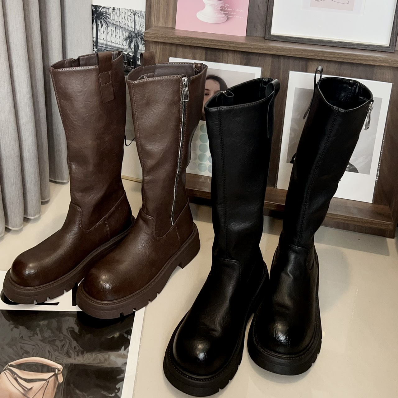 百搭釦帶厚底中筒靴