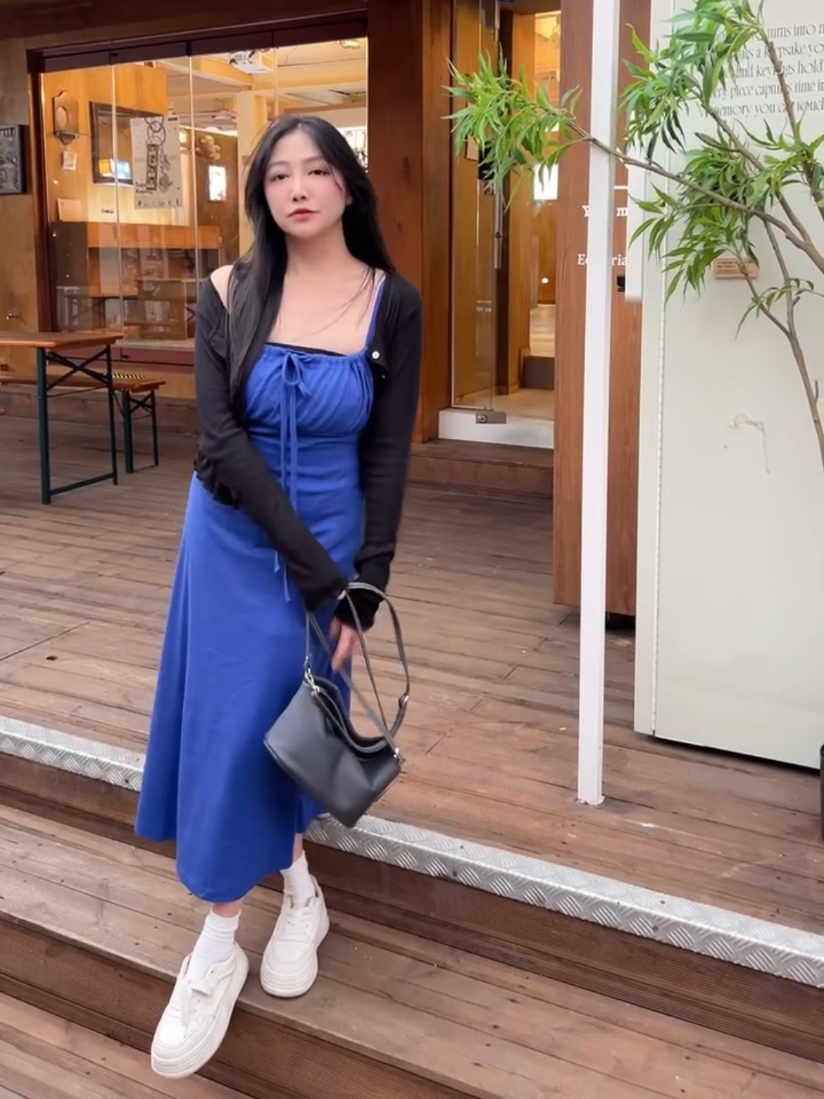 韓國氣質抽繩純色連衣裙
