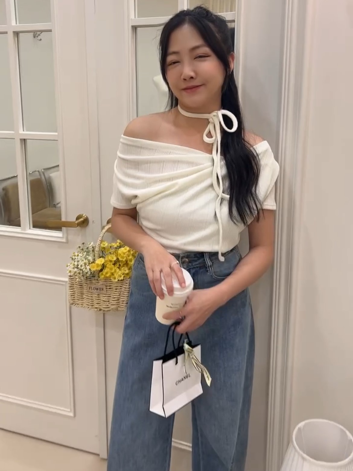 韓國甜美細帶圍巾修身針織上衣