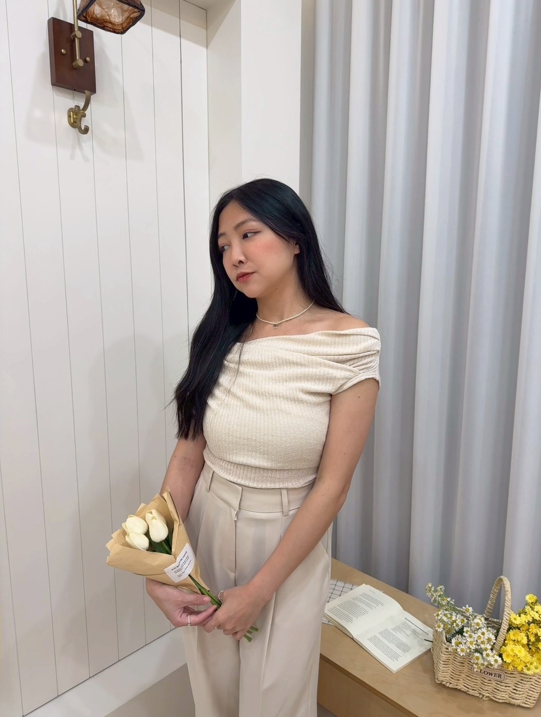 韓國氣質蕩領身針織上衣